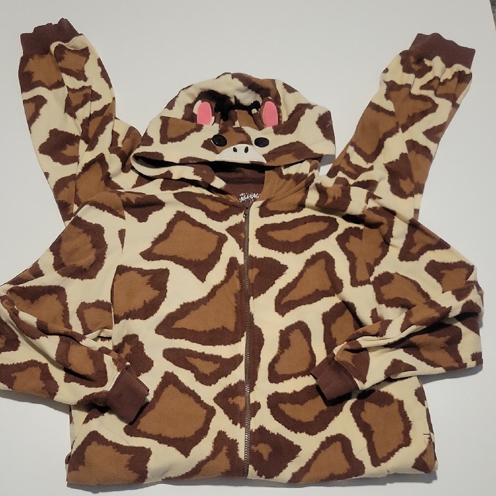 Nick & Nora Brown and Cream Giraffe Print Onesie With Hood L